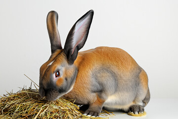 Wall Mural - Rabbit is sitting on some hay. White rabbit with hay on white background. A rabbit eating hay on a white background. A rabbit eating hay on a fluffy white lifestyle background.