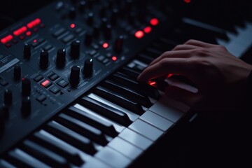 Aufkleber - Close-up of hand playing synthesizer keyboard with red lights.