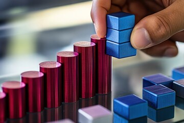 Fototapete - Hand placing blue cube on rising red bar graph.