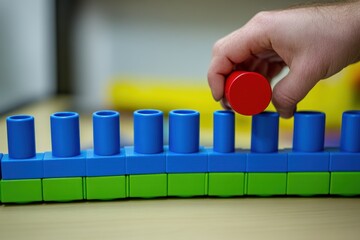 Poster - Hand placing red block on blue blocks.