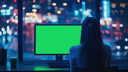 Poster - Woman working late at night on computer with green screen.