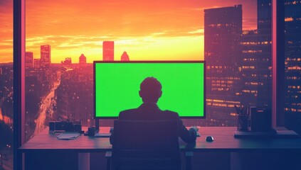 Leinwandbilder - Businessman working on green screen computer at sunset.