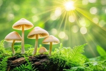 Poster - Sunlight illuminates a cluster of small mushrooms growing on moss-covered wood in a forest.