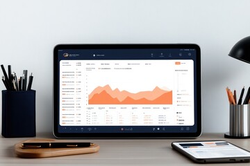 Aufkleber - Modern laptop displaying financial data graphs and charts on a clean workspace.