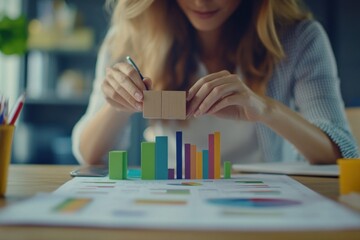 Fototapete - Woman building wooden block graph on financial report.