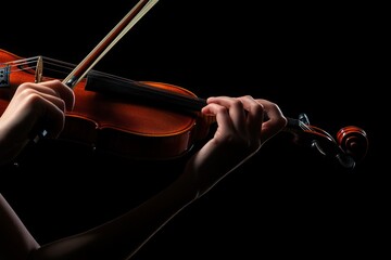 Poster - Close-up of hands playing violin against black background.