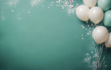 pastel balloons and confetti on teal background.