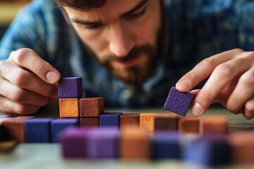 Poster - Focused man building a tower with colorful wooden blocks.