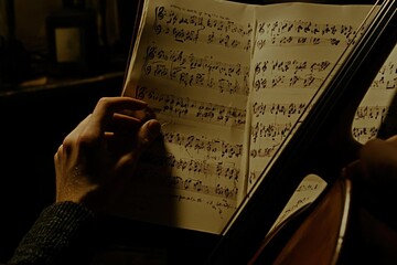 Poster - Close-up of hands holding sheet music and cello.