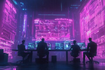 Aufkleber - Cyber security team monitoring digital data streams in a futuristic control room.