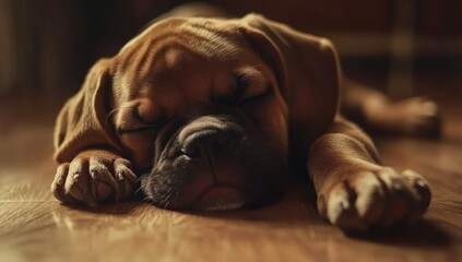 Wall Mural - Adorable puppy sleeping peacefully on wooden floor.