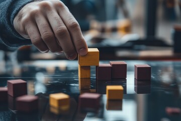 Poster - Hand placing wooden block in tower construction.