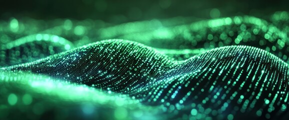 Poster - Abstract green glowing particle wave background.