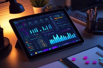 Aufkleber - Tablet displaying financial data charts and graphs on a desk at night.