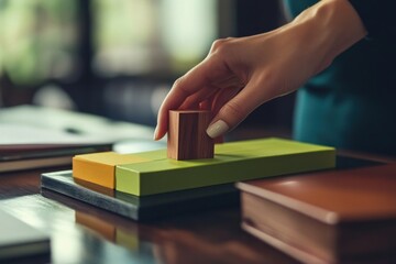 Poster - Woman's hand placing wooden block on colorful blocks.