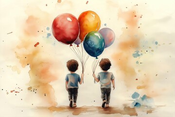 Two children hold colorful balloons. Walk together. Scene suggests happy event. Watercolor illustration style, evoking childhood joy, happiness. Abstract background adds to illustration. Children