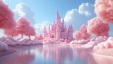 Pink castle in fairy tale landscape. Pink trees, fluffy clouds surround tranquil lake. Dreamy, whimsical image. Modern illustration style. Perfect for children products fantasy themes. Futuristic