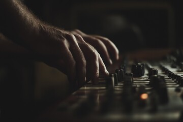 Poster - Close-up of hands adjusting knobs on a sound mixer.