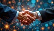 © Maryna - Business people shaking hands. Digital connection between. Tech network background. Abstract glowing light elements symbolize business ventures. Partnership, collaboration, digital innovation