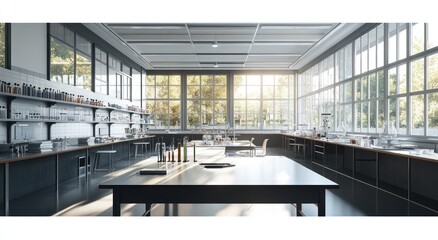 Poster - Sunlit modern science lab with equipment.