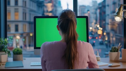 Aufkleber - Woman working on green screen computer in office.