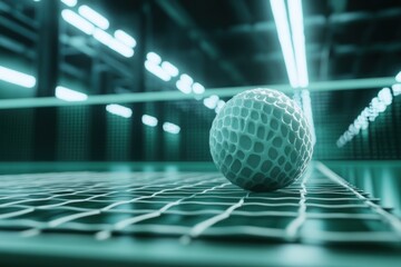 Close-up of textured sphere on net in arena.