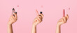 © Prostock-studio - Closeup of female hands holding collection of lip glosses on pink background, collage. Panorama