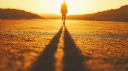 Wall Mural - a lone figure walking on a road during a vibrant sunset, casting long shadows.