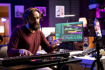 Poster - Young talented instructor hosting piano lessons on social media channel, teaching people to play music on midi controller synthesizer. Musical producer explains playing on electronic keyboard.