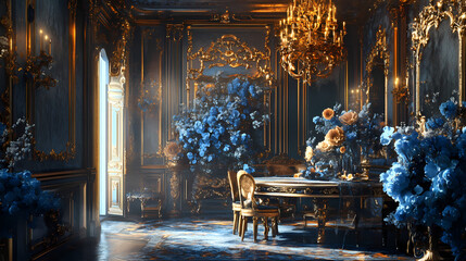 golden and ultramarine blue interior. flowers. baroque style. generative ai. rococo. illustration