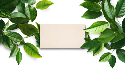 Wall Mural - Decorative green leaves and a card with copy space isolated on white