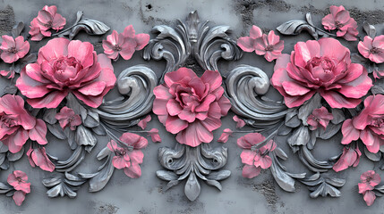 Wall Mural - An old concrete wall texture accompanies this seamless pattern of pink flowers. floral pattern for wallpaper or fabric. background is an old concrete wall texture. Rococo. Illustration