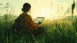 © Panda - Woman using tablet in a field at sunrise. Concept of outdoor work, digital nomad, and nature.