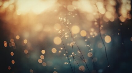 Wall Mural - Delicate grass blades illuminated by warm sunlight with a bokeh background.