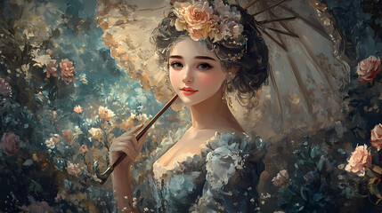 Wall Mural - Charming rococo portrait of a young woman, set in an idyllic park setting, wearing a delicate dress and holding a parasol, surrounded by blooming flowers, generative ai. Rococo. Illustration