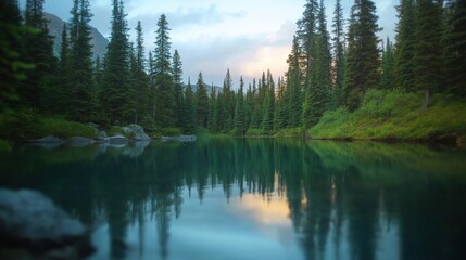 Wall Mural - A serene lake surrounded by tall pine trees reflecting the sky at dusk.