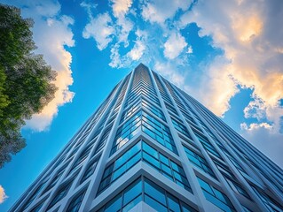skyscraper view from below against blue sky and fluffy clouds