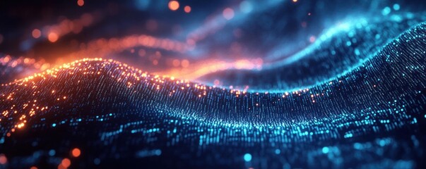 Futuristic Digital Landscape with Binary Code Flow and Blue Teal Lights in Surrealism Style