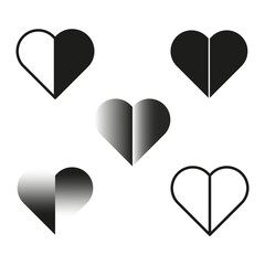 Wall Mural - Black and white heart icons. Gradient heart symbols. Minimalist vector shapes. Heart outline designs.