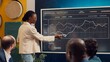 © DC Studio - Marketing assistant presenting infographics in a status update meeting, studying data to establish key performance indicators. African american employee operating interactive board. Camera A.