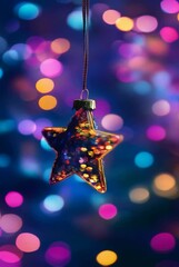 Wall Mural - Sparkling star hanging against dark blue background with colorful neon bokeh lights. Festive retro holiday decoration. Christmas, New Year, celebration concept for greeting card, invitation