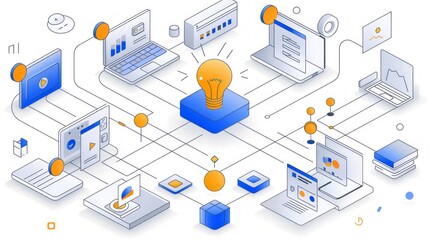 Networked devices, interconnected laptops, tablets and computers with a central lightbulb idea.