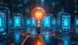 © Maryna - Innovative tech solution for cybersecurity. Glowing light bulb security awareness. Surrounding protective digital shields create modern tech image. Modern tech concept. Digital security tools