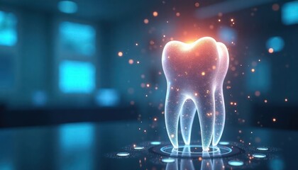 Holographic tooth glows brightly representing dental tech future. Modern dentistry uses tech. Image shows tooth on platform. Tech shines, sparks. Dental clinic lab environment. Future care concept.