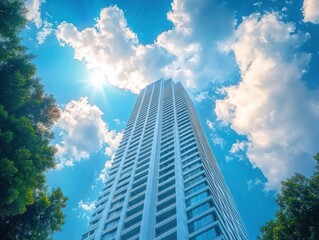 Wall Mural - skyscraper view from below modern architecture dramatic blue sky fluffy clouds