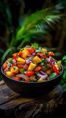 Colorful fresh vegetable salad featuring diced bell peppers, onions, and herbs in a black bowl.