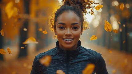 Poster - A woman with curly hair enjoys a run along a forest path adorned with vibrant autumn leaves. The golden hour sunlight creates a warm, inviting atmosphere as she smiles.