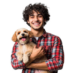 young man with curly hair in a plaid shirt holding a dog and smiling on a transparent background