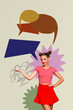 © deagreez - Vertical photo collage of happy girl show colorful bubble notification speech communication monologue isolated on painted background