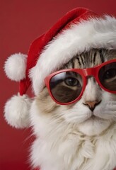 Wall Mural - cat wearing santa hat, kitty with sunglasses